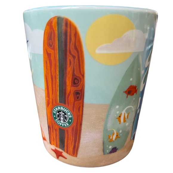 Starbucks Hawaii Beach Blue Mug 3.75” Surfboards Sea Turtle Fish Shark 10oz 2010 - Picture 3 of 6